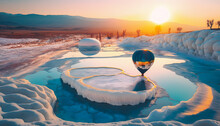 Landscape Pamukkale With Hot Air Balloon On Sunset, Travel Turkey. Generation AI