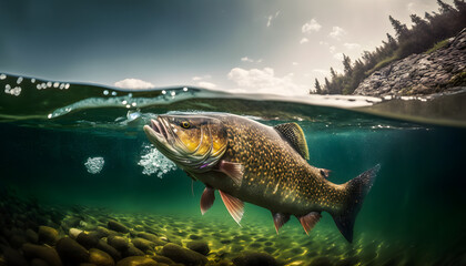 Predatory fish salmon trout in habitat under water looking for prey. Sport fishing concept. Generation AI