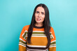 Photo of young funny unhappy grimace disgusting reaction stressed woman brunette hair questioned bad news isolated on cyan color background