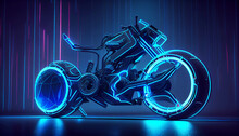 Futuristic Cyberpunk High-tech Electric Motorcycle With Metallic Frame And Neon Lighting. Generative AI