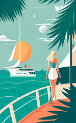 Woman  walks towards a huge expensive yacht surrounded by tropical plants, vector style art.  Generative AI