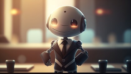 Positive cute business robot. Dressed in a men's suit with a tie.