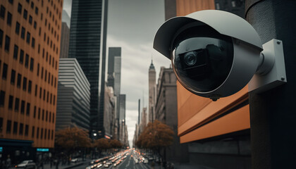 Security camera monitoring the activity on a busy city street. Based on Generative AI