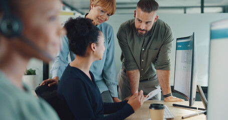 Leinwandbilder - Call center, documents or business people in office for teamwork, collaboration or planning telemarketing schedule. Data analytics, meeting or business people for paper, data analysis or company idea