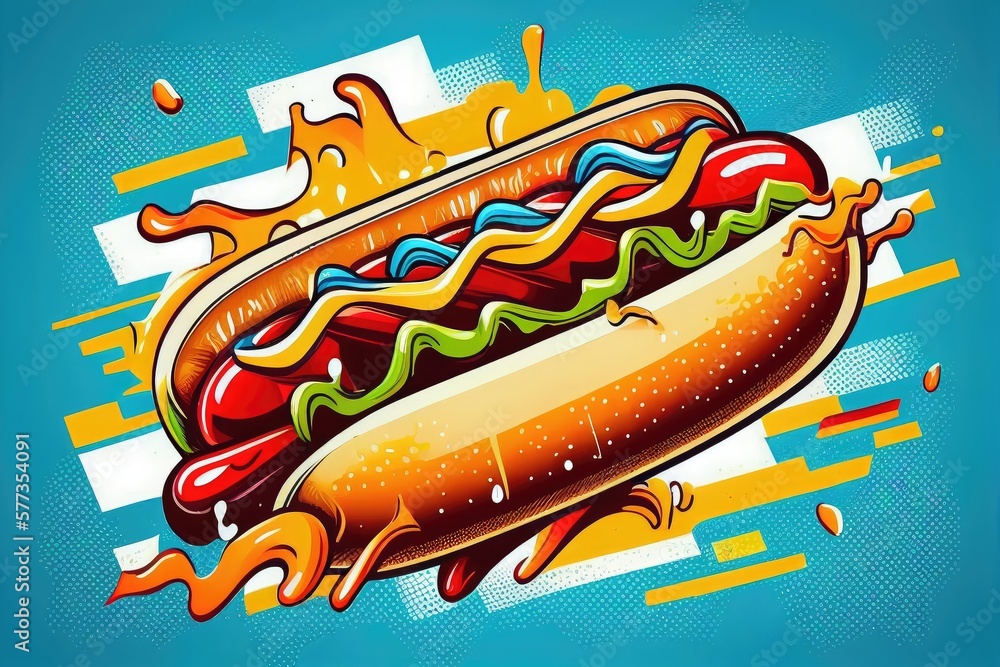 Ilustração Hot dog on blue retro style background, fast food pop