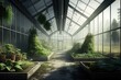© masharinkaphotos - Plants shrubs, greens, herbs in large glass abandoned greenhouse. Generative AI