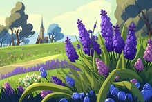 Flowers Like Grape Hyacinths And Tulips In Purple Hues Are Flourishing In The Field. Generative AI