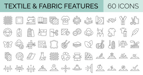 set of 60 line icons related to textile industry, fabric feather. editable stroke. vector illustrati