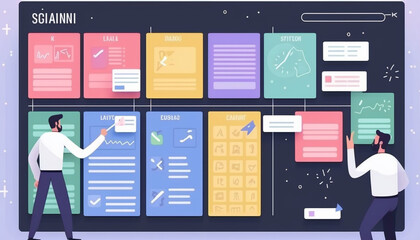 Agile software development or project management using kanban or scrum methodology boards. Process, workflow, visual organisation tools and framework technology. Finger touching virtual interface
