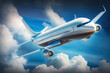Passenger airplane flying in the sky, over the cloudy sky. Flying and traveling. Passengers commercial airplane flying above clouds. generative ai