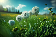 Close Up Of Dandelion Plant. Springtime, Natural Landscape With Green Grass, Sunlight In Nature Field. Nature Background. Generative Ai