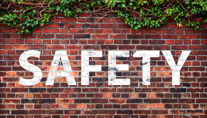 Wall Mural - SAFETY on dark texture of old red bricks wall background	
