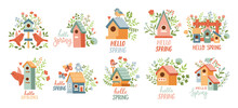 Spring Birdhouse Set. Spring Mood Greeting Card Template. Welcome Spring Invitation. Minimalist Postcard Birdhouse. 