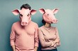 Man an woman with pig head on blue background. Problems in the marriage. Generative AI