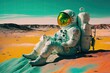 Astronaut on some planet in the galaxy looking at the horizon. Desert landscape. Generative AI