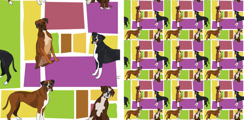 Boxer dog summer bright wallpaper. Holiday abstract shapes square seamless background, repeatable pattern. Birthday wallpaper, Christmas present, print tiles. Simple puzzle with dogs, for pet lover.