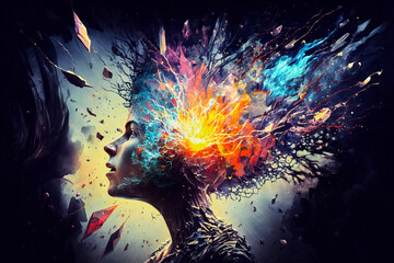 A surreal, abstract explosion of multicolored lights in the depths of human mind and brain, made with generative ai