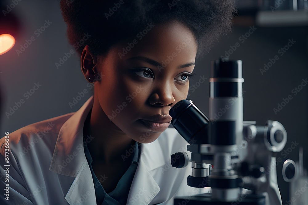 Black scientist using microscope in lab, AI Generative,. High quality ...