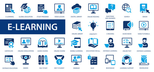 E-learning, online education icons set. 60 Electronic learning icons. Distance learning collection flat icons collection.