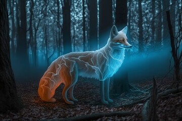 Glowing fox ghost with mystery forest background , creative ai