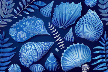 Wall Mural - illustration top view set of seashells. Generative AI