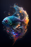 Fototapeta  - Ryba połączona z mgławicą galaktyczną. Ryba na czarnym tle w magicznym, abstrakcyjnym wydaniu. Generative AI