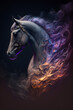 Głowa Konia połączona z mgławicą galaktyczną. Koń na czarnym tle w magicznym, abstrakcyjnym wydaniu. Wygenerowane Ai