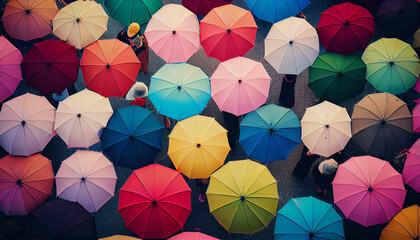 Wall Mural - colorful umbrella open in the crowded street on the street