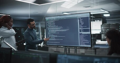 Aufkleber - Team of Diverse Software Developers Having a Meeting in Order to Review the Code Done by Computer Engineering Department. Manager Making a Presentation for Project Managers at the Office