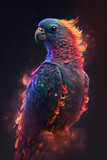 Głowa ary połączona z mgławicą galaktyczną. Papuga na czarnym tle w magicznym, abstrakcyjnym wydaniu. Generative AI