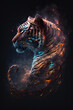 Głowa tygrys połączona z mgławicą galaktyczną. Tygrys na czarnym tle w magicznym, abstrakcyjnym wydaniu. Wygenerowane Ai
