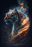 Fototapeta  - Głowa tygrys połączona z mgławicą galaktyczną. Tygrys na czarnym tle w magicznym, abstrakcyjnym wydaniu. Generative AI