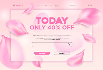 Template for web site page in Glass Morphism style. Sales Promotions or Discount content. Frosted glass and pink petals.