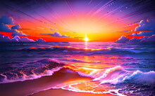 Ocean Waves At Sunset Sythwave Colors Neons For Digital Backgrounds, Wallpapers, Childrens Books Paintings Stories Fairytales Generative AI