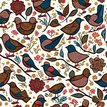 Vector Seamless Pattern Of Birds And Flowers In Folk Art. For Sublimation Design, Printing, Poster Design, Postcard Making, Stationery, Fabric Printing, Blog Design, Logos, Packaging - Generative Ai