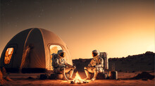 Two Astronauts Have A Sincere Conversation In The Evening Around A Campfire Near A Tent On An Alien Planet. Expedition To Unknown Space. Lifestyle And Journey Concept. Created With Ai