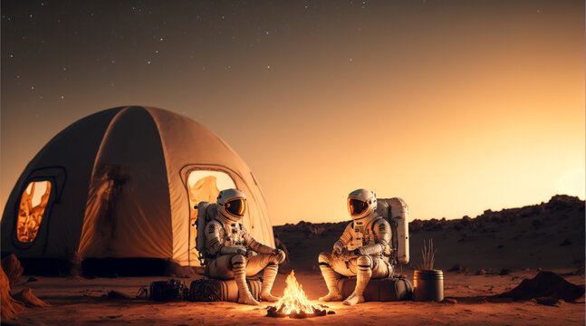 two astronauts have a sincere conversation in the evening around a campfire near a tent on an alien 