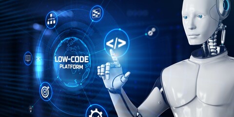 low-code development system concept. 3d render robot pressing virtual button.