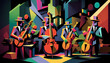 Afro-American New Orleans acoustic male jazz band musicians playing in an abstract cubist style painting for a poster or flyer, computer Generative AI stock illustration
