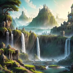 Wall Mural - A fantasy city, in the mountains, with cascading waterfalls. 