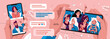 Friends communicate via video link. A positive illustration depicting people, chat, telephone, decorative elements.