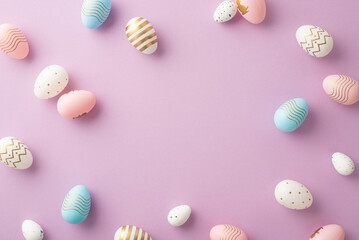 Wall Mural - Easter celebration concept. Top view photo of blue pink white and gold easter eggs on isolated pastel violet background with copyspace in the middle