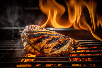 Chicken on a flaming grill. Close-up of a juicy seared piece of meat lying on a grill. In the background the flames of fire. Food style photography in natural light, golden hour. Generative AI.