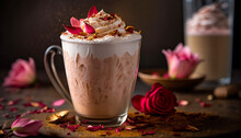 Delicious And Aromatic Rose Water And Vanilla Latte With Sprinkle Of Cinnamon. Milkshake With Foam And Cream In Transparent Tall Glass. Dark Food Style Photography. Banner Illustration. Generative AI.