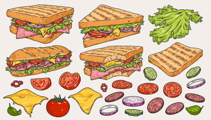 Poster - Sandwich ham logotypes set colorful