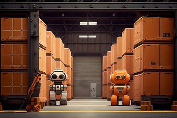 modern warehouse with real style robots, orange robots, Illustration with orange robots that work instead of people, people have been replaced by robots