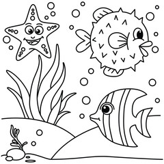 Wall Mural - Funny fish cartoon characters vector illustration. For kids coloring book.