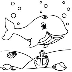 Wall Mural - Funny whale cartoon characters vector illustration. For kids coloring book.