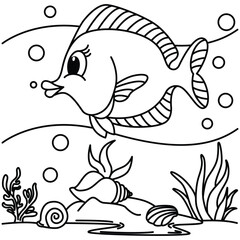 Wall Mural - Funny fish cartoon vector coloring page