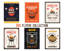 Retro BBQ Party Flyer Templates Set. BBQ Grill Cards For Social Media Marketing. Barbecue Post Designs. Stock Vector Poster